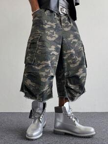 PAVTROS Men's Casual Street Style Multi-Pocket Crochet Camouflage Denim Shorts - Army Green - View 1