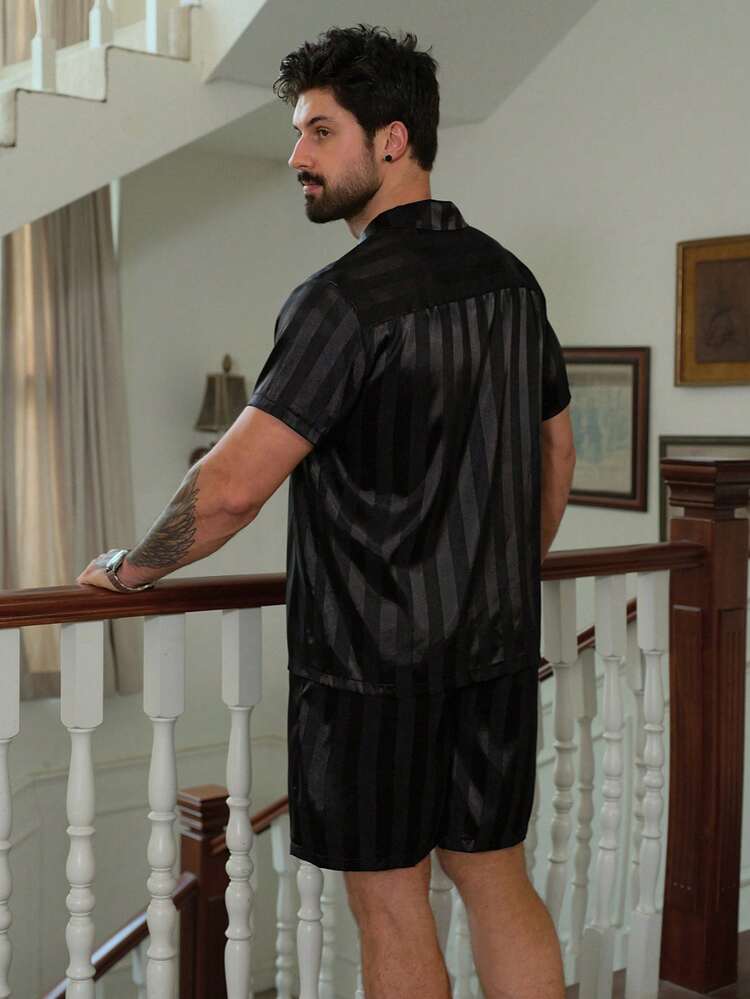 Men's Short Sleeve Shirt And Shorts Pajama Set, Black, Summer