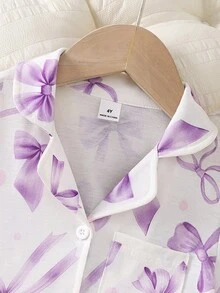 Young Girl' Pink Bow Print Collar Cardigan Short Sleeve Shorts Set,  Loungewear Girls Pajama Short Sets - Mauve Purple - View 4