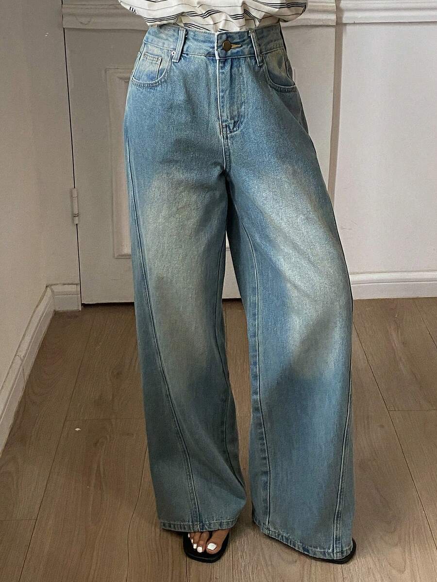 DAZY Jeans rectos y holgados para mujer, estilo callejero casual tipo vaquero, adecuados para primavera y otoño - Azul - Ver 1