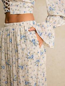 Poéselle 女士弹力腰带印花休闲百搭日常裤 - 淺藍色 - 查看 6