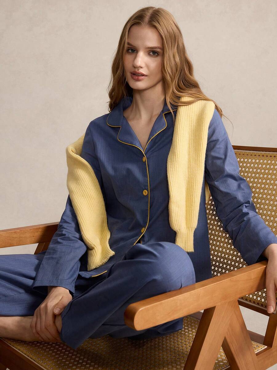 SHEIN Women's Casual Collar Long Sleeve Pants Pajama Set, Blue - Blue - View 1