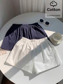 Comfortcana Bộ 2 chiếc quần short mùa hè kiểu dáng thường ngày, chất liệu cotton pha lanh, màu trơn. - Nhiều màu - Xem 2