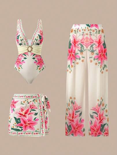 Swim Oasis 2026 New 3-Piece Women Printed Swimsuit With Skirt And Mesh Pants, Beach Resort Casual One Piece Swimsuit Set, Summer Beach Skirt Set