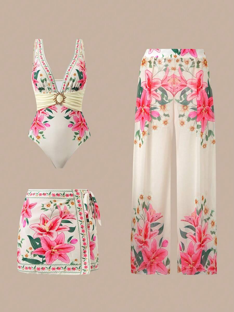 Swim Oasis 2026新款三件套女士印花泳衣，含裙子和网纱裤，沙滩度假休闲连体泳衣套装，夏季 - 彩色 - 查看 1