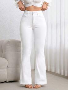 SHEIN ICON Women's Pocket Button Casual Versatile Daily Wear Flare Jeans - White - View 6