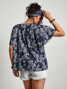 Freevana Áo kiểu dáng rộng rãi, tay bồng in họa tiết Paisley dành cho nữ cỡ lớn, phong cách mùa hè, đi nghỉ mát, lễ hội, ngày Valentine. - Màu xanh hải quân - Xem 2