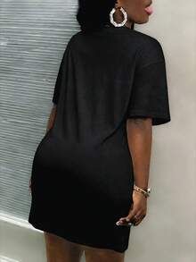 Slaydiva 春夏新款休闲宽松圆领短袖女式夏季连衣裙/Y2K风格服装/街头服饰/外出穿搭/网红之选/日常穿着/金属嘴唇图案 - 黑色 - 查看 2