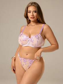 2pcs Plus Size Women Navy Blue Lingerie Set, Lift For Spring Valentine's Day, Elegant Valentine Outfit Set For Sexy Women - Purple - View 1