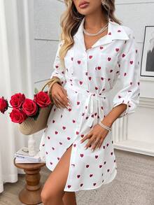 Cévolie Casual Retro Elegant Commuter Versatile Spring/Summer Shirt Dress, Red & White Heart Print Pattern, Couple Style, Front Pocket Design, With Belt - Red and White - View 3