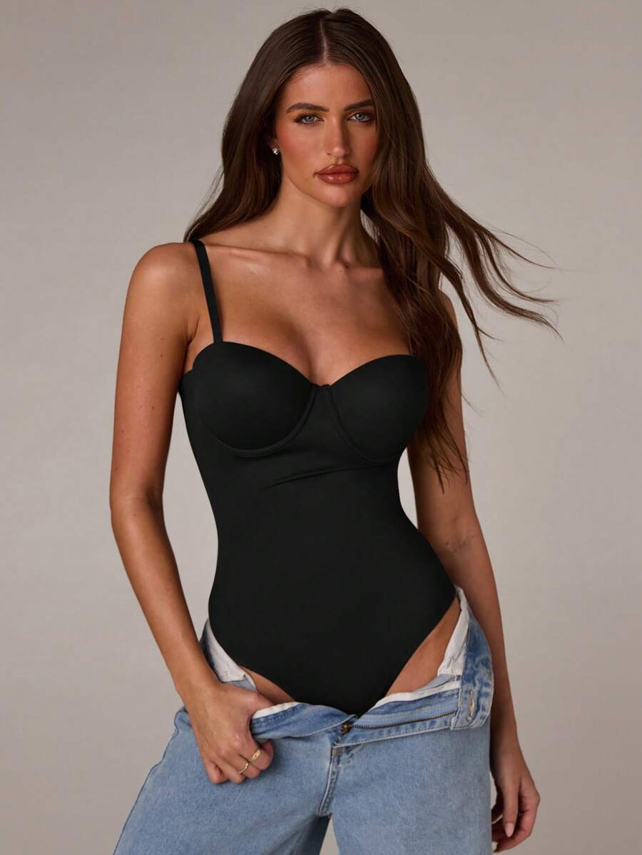 SHEIN BAE 女士時尚優雅杯型黑色連體衣 - 黑色 - 查看 1