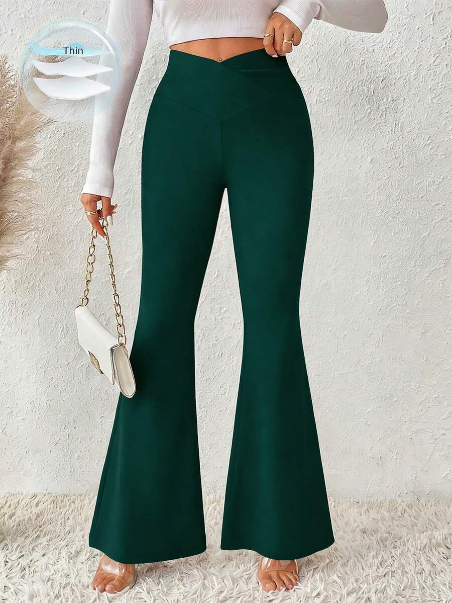 SHEIN LUNE Quần ống loe dáng ôm, cạp chun bất đối xứng, màu trơn, dành cho nữ, thích hợp mặc đi làm, đi nghỉ mát, hàng mới về năm 2025. - Màu xanh lá cây đậm - Xem 1