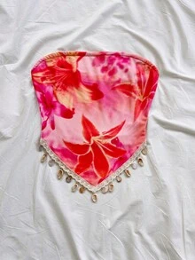 Soleia 女士度假针织波西米亚印花拼接串珠抹胸上衣，适合派对、圣诞节、约会、夜店、海滩、邮轮、下午茶等场合 - 粉色 - 查看 7