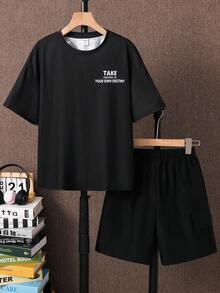 SHEIN 两件套男童宽松印花T恤和工装短裤套装，舒适休闲，适合夏季街头、运动、度假、上学、聚会等场合。 - 黑色 - 查看 5