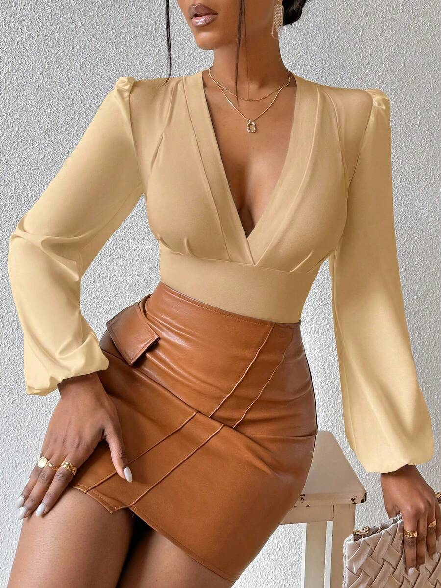 BamGleam Áo kiểu dáng thanh lịch, ôm sát, cổ chữ V, tay phồng, màu trơn. - Màu Khaki - Xem 1