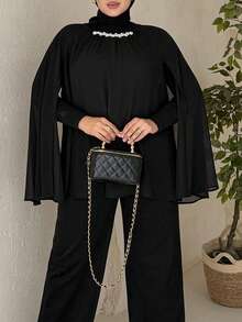 Dazy Plus Pearl Decor Chiffon Long Sleeve Black Blouse For Party - Black - View 4