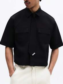 SUMWON Men's Cropped Button Front Shirt With Detachable Tie And Dual Chest Pockets Short Sleeve Collared Top - Black - View 5