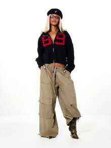 SUMWON WOMEN Oversized Knitted Varsity Zip Through Cardigan With Number Applique Front And Back Text Detail - Black - View 3