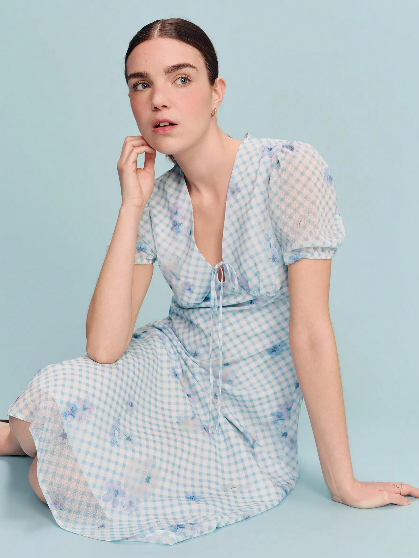 Blue Check Print V Neck Midi Dress With Tie Front Detail And Short Puff Sleeves Spring Summer Wedding Guest Dress French Style Parisian Style Going Out