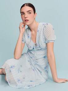 lacRébo 蓝色格纹V领中长连衣裙，正面系带设计，短泡泡袖，春夏款 - 藍色 - 查看 1