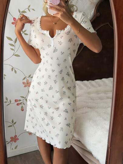 CottageSlumber Lace Patchwork Square Collar 2-Button Ditsy Floral Ribbed Short Sleeve Nightgown