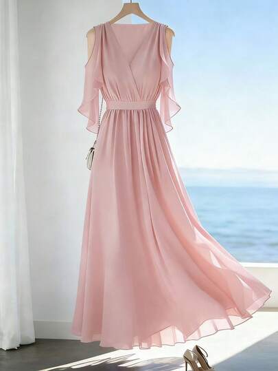 Franclia Women's Elegant Soft Pink V-Neck Chiffon Dress, Feminine Style, Long Sheer Beach Vacation Dress