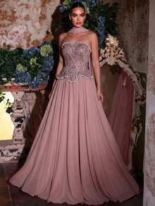 Glamrae Đầm maxi sang trọng, thanh lịch màu xanh lá cây đính cườm và sequin, cổ yếm, thích hợp cho đám cưới, tiệc tùng, kỳ nghỉ, dạ hội, váy dạ tiệc (đính kết rất cầu kỳ) - Bụi hồng - Xem 8