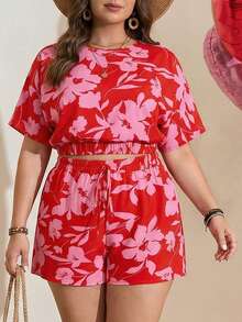 Comfylo 大码印花上衣短裤两件套，休闲度假装 - 紅色 - 查看 5