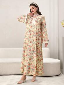 Yasmyna 女士春夏梭织数码印花花卉蕾丝边优雅阿拉伯连衣裙 - 彩色 - 查看 6