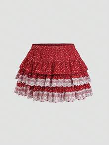 Sweetra Chân váy xòe chữ A chấm bi đỏ cạp thấp phối ren tương phản dành cho nữ, kiểu dáng ngọt ngào, dễ thương, gợi cảm theo phong cách châu Âu và Mỹ, thích hợp cho kỳ nghỉ biển. - Đỏ - Xem 5