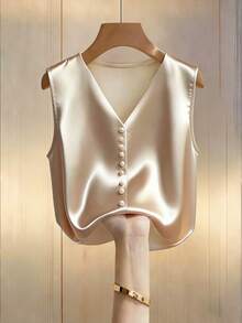 Franclia Women's Elegant Faux Pearl Button V-Neck Sleeveless Blouse, Summer - Apricot - View 1