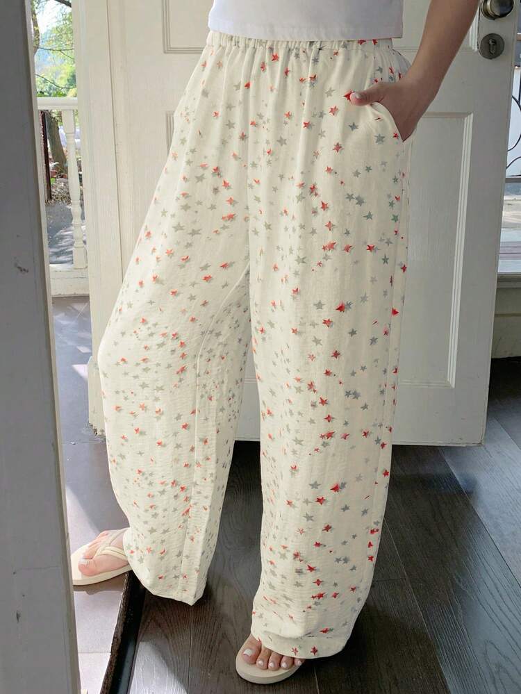 Dazy Plus Elastic Waist Straight Leg Star Print Cute Loungewear Loose Straight Pajama Bottoms