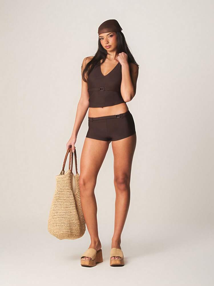 MISSGUIDED V Neck Tankini Bikini Set With Belt Detail High Waisted Shorts Summer Beach Swimwear Two Piece Set