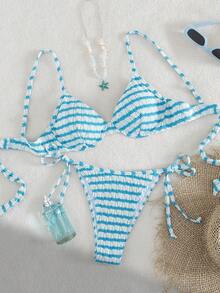 Swim Lushoire 2pcs/Set Textured Fabric Beach Vacation Women Swimsuit Set, Spring/Summer - Blue - View 3