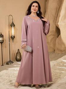 Al Najma 加大码V领时尚水钻装饰双层袖闪亮优雅柔软舒适宽松土耳其连衣裙 - 粉色 - 查看 5