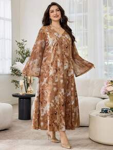 Al Najma Plus Size Women Marble Texture Patchwork Gold Stripe Dress, Spring - Multicolor - View 5
