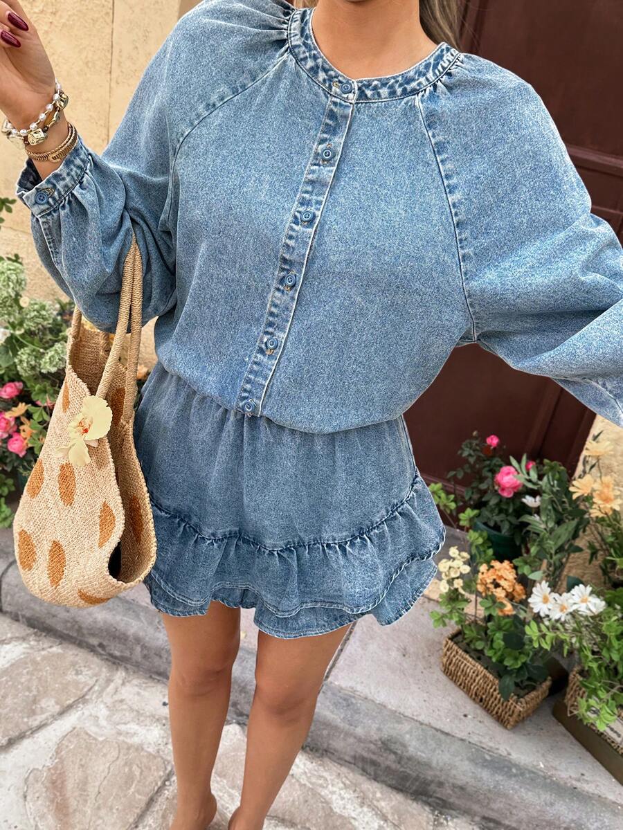 Serisse Women's Fashion Single-Breasted Long Sleeve Denim Jumpsuit, Summer Spring To Summer Valentine's Day Carnival Costume Commuting Vacation Graduation Chic Y2k Cute Streetwear Coquette Party Wedding Elegant Business Casual Woman Casual Women's Blue Denim Jumpsuit Gathered Waist Ruffle Skirt Long Puff Sleeve - Blue - View 1