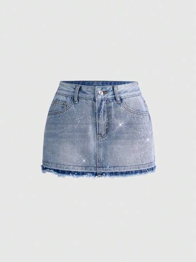 ROMWE Y2K Music Festival Casual Street Rhinestone Washed Light Blue Versatile Women Denim Mini Skirt