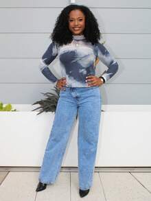 Steph T Blusa de manga larga con cuello de tortuga y estampado tie-dye para mujer - Gris - Ver 3