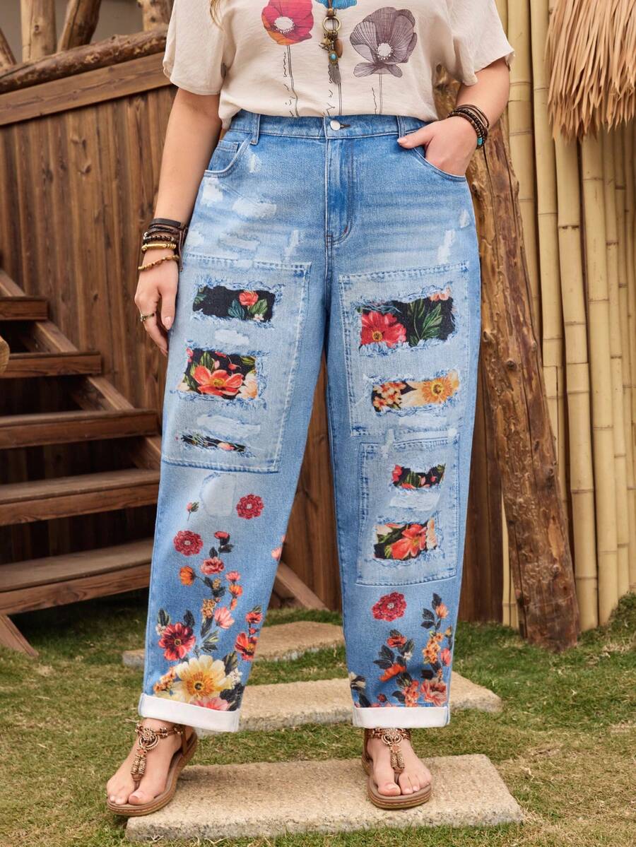 Plus Size Women Casual Comfortable Mid-Blue Printed Jeans - Medium Wash - View 1