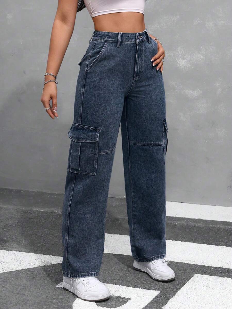 SHEIN Unity Women's Casual Cargo Pocket Jeans - Dark Wash - View 1