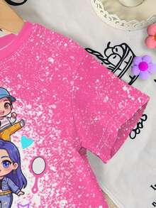一套女婴可爱闪亮卡通韩流女团印花短袖圆领T恤和短裤套装，日常夏季穿着 - 彩色 - 查看 4