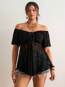 Freevana 大码女式露肩扭结设计时尚百搭上衣，适合约会和外出穿着 - 黑色 - 查看 3