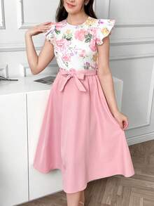 SHEIN 少女碎花印花短袖露脐上衣和A字裙两件套，优雅度假之选 - 粉色 - 查看 5