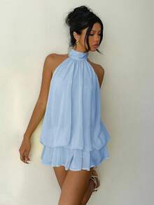 Aloruh 女士优雅浅黄色吊带系带迷你连衣裙 - 淺藍色 - 查看 7