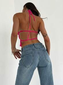 Aloruh Women's Adjustable Halter Tie Ruched Layered Semi-Sheer Romantic Date Cropped Camisole - Hot Pink - View 7