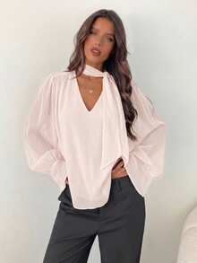 Aloruh Women's Elegant Commuter Chiffon Deep V-Neck Tie Long Sleeve Blouse - Baby Pink - View 3