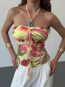 Aloruh 女士夏季度假休闲印花露背吊带上衣，适合音乐会、锐舞派对、音乐节、乡村音乐会、西部牛仔风格，波西米亚风街头服饰，热带风情，可爱夏日时尚上衣 - 玫紅色 - 查看 7