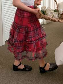 DAZY Young Girls Plaid Ruffle Hem Casual Versatile Fashion Mini Skirt, Summer - Red - View 6