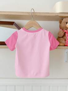 可爱甜美的蝴蝶结图案，女婴休闲简约圆领短袖基础款T恤，适合春夏日常、休闲、度假穿着，米白色、米粉色可选，春夏穿搭，女婴T恤，舒适休闲，时尚宝宝，儿童蝴蝶图案T恤，春夏服装，清爽舒适 - 彩色 - 查看 3